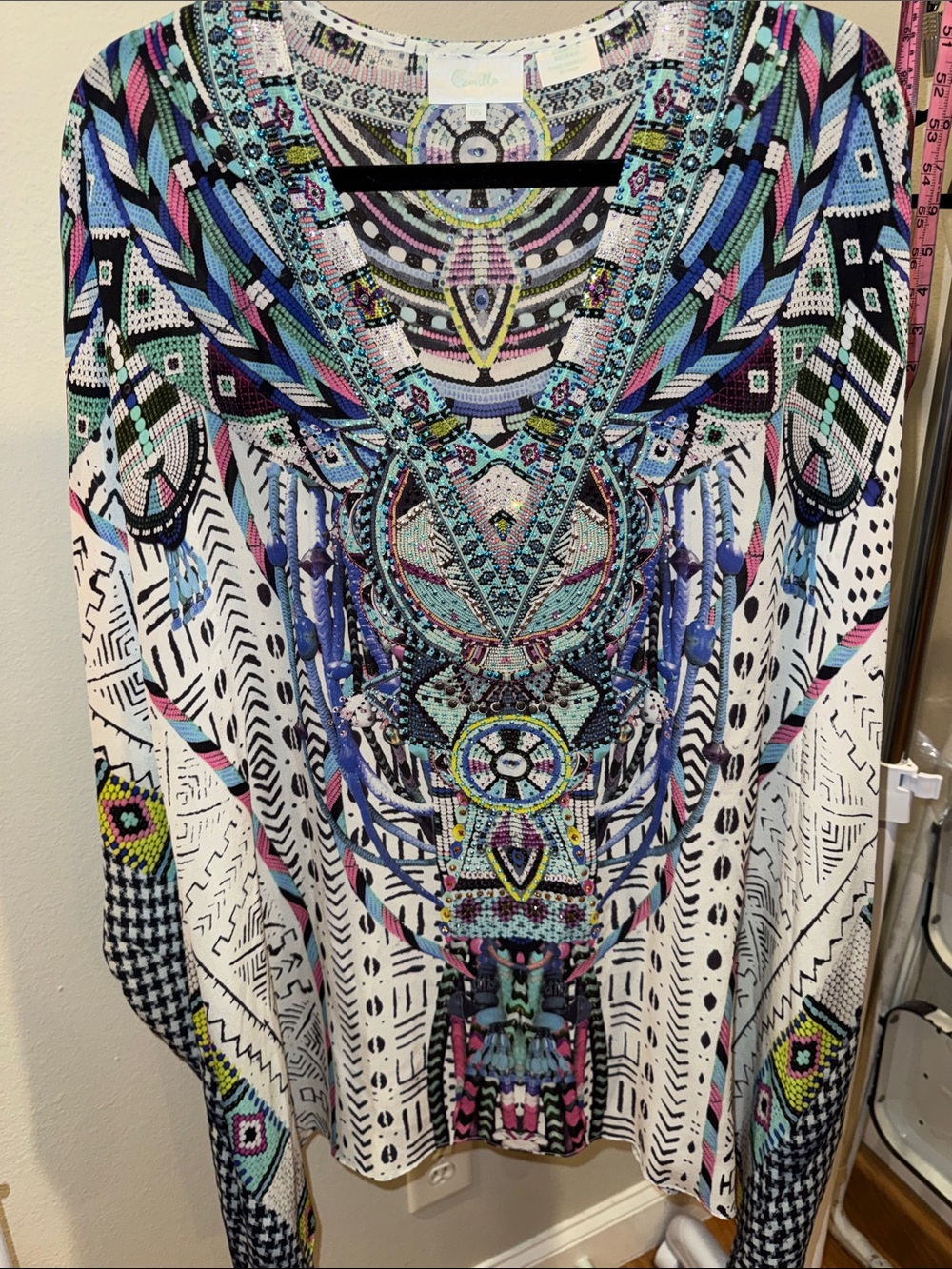 Vintage $399 CAMILLA Pastel Houndstooth Silk    Kaftan! Sz OS